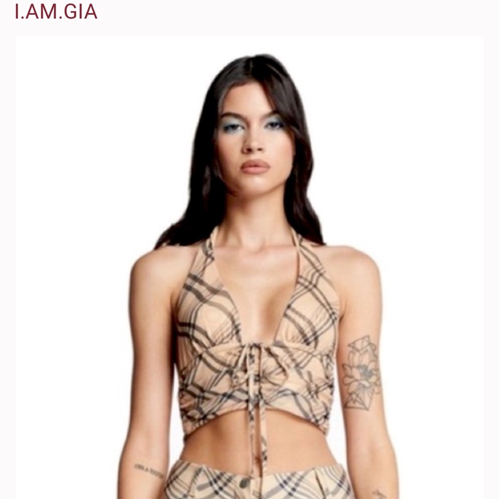 I.AM.GIA Beige Plaid Halter Crop Top